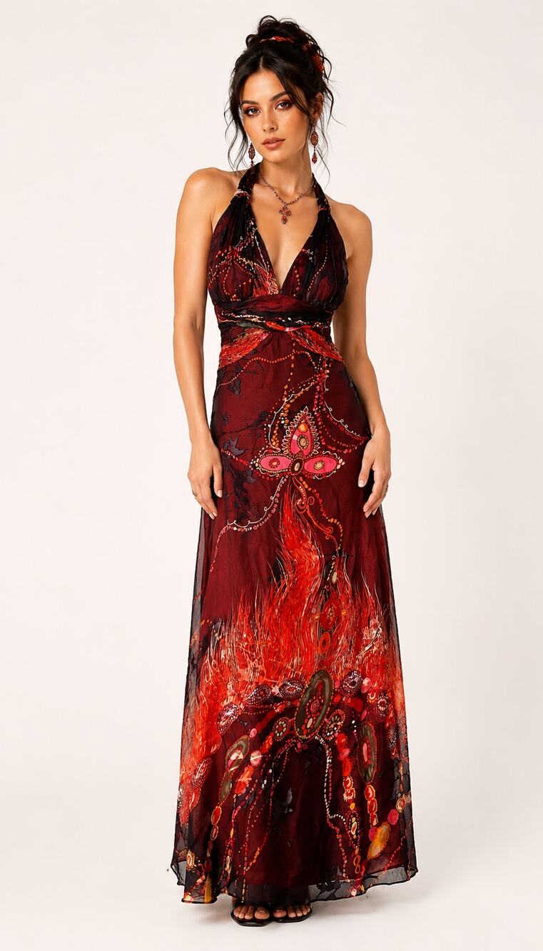 Night Way Collections Silk Halter Fire Maxi Dress Womens Size 2/4 Red Formal